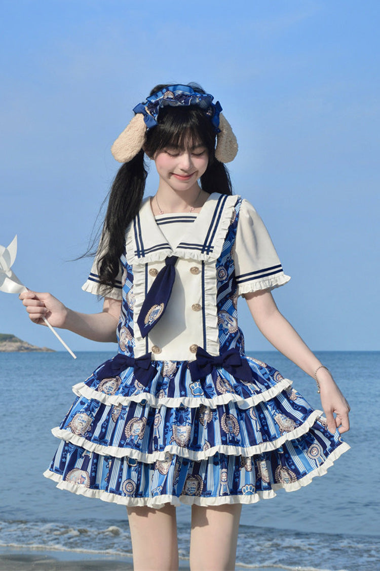Blue Glory of the Dog Navy Collar Short Sleeves Low Waisted Triple-Layered Printed Ruffled Bow Sweet Dress