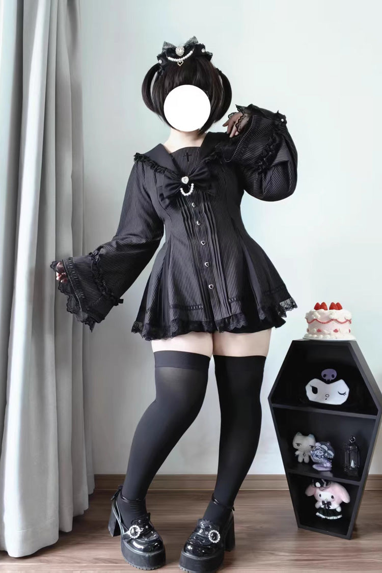 Square Collar Long Sleeves Bow Lace Pearl-Decorated Sweet Jirai Kei Dress and Short Set