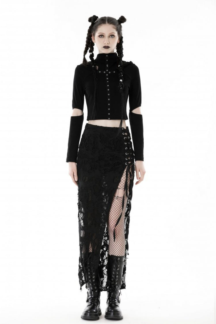 Raven Cross Eyelet Cut-Out Punk Crop Top with Ripped Hood for Women