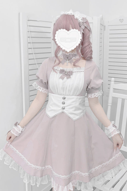 Pastel Pink Short Sleeve Ruffle Bow Cross Waist Maid Sweet Japanese Dress Set