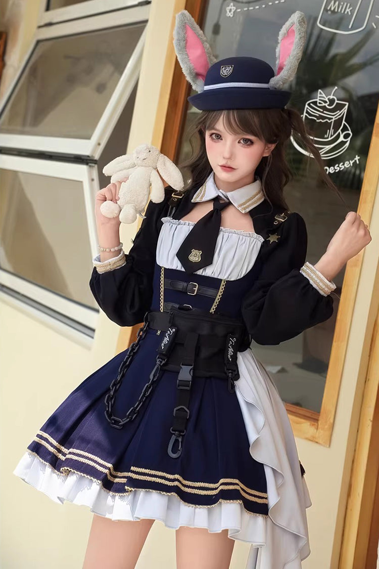 Blue Rabbit Police Officer Ruffled Bow Asymmetric College Style Handsome Jsk Dress