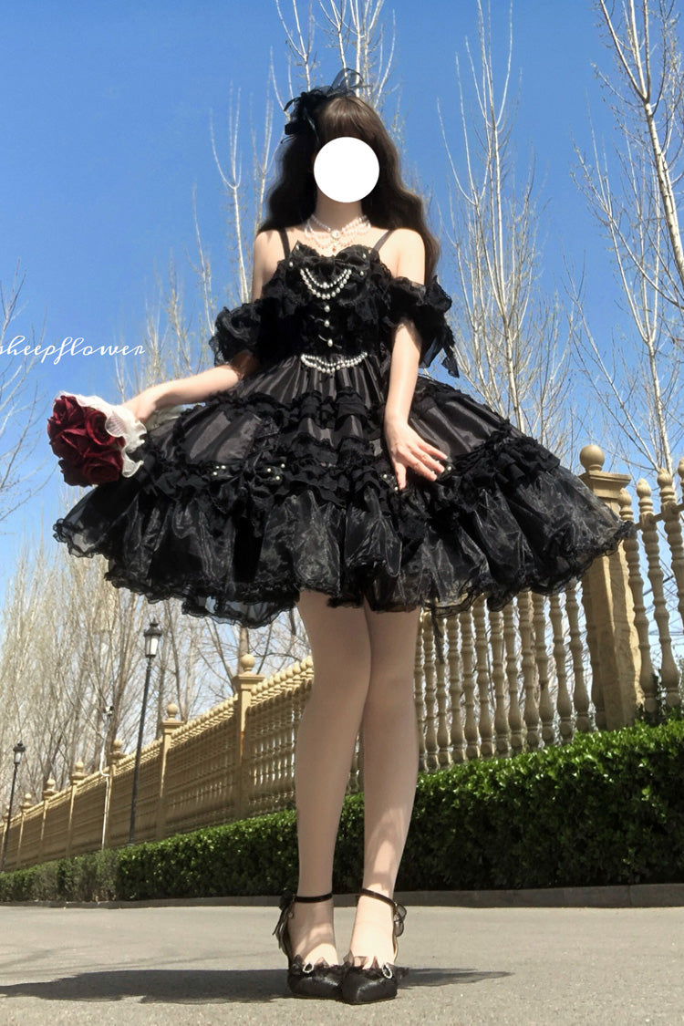Black [Spring Cherry Snowfall] Off Shoulder Short Sleeves Multi-Layered Ruffled Bow Gothic Lolita Jsk Dress