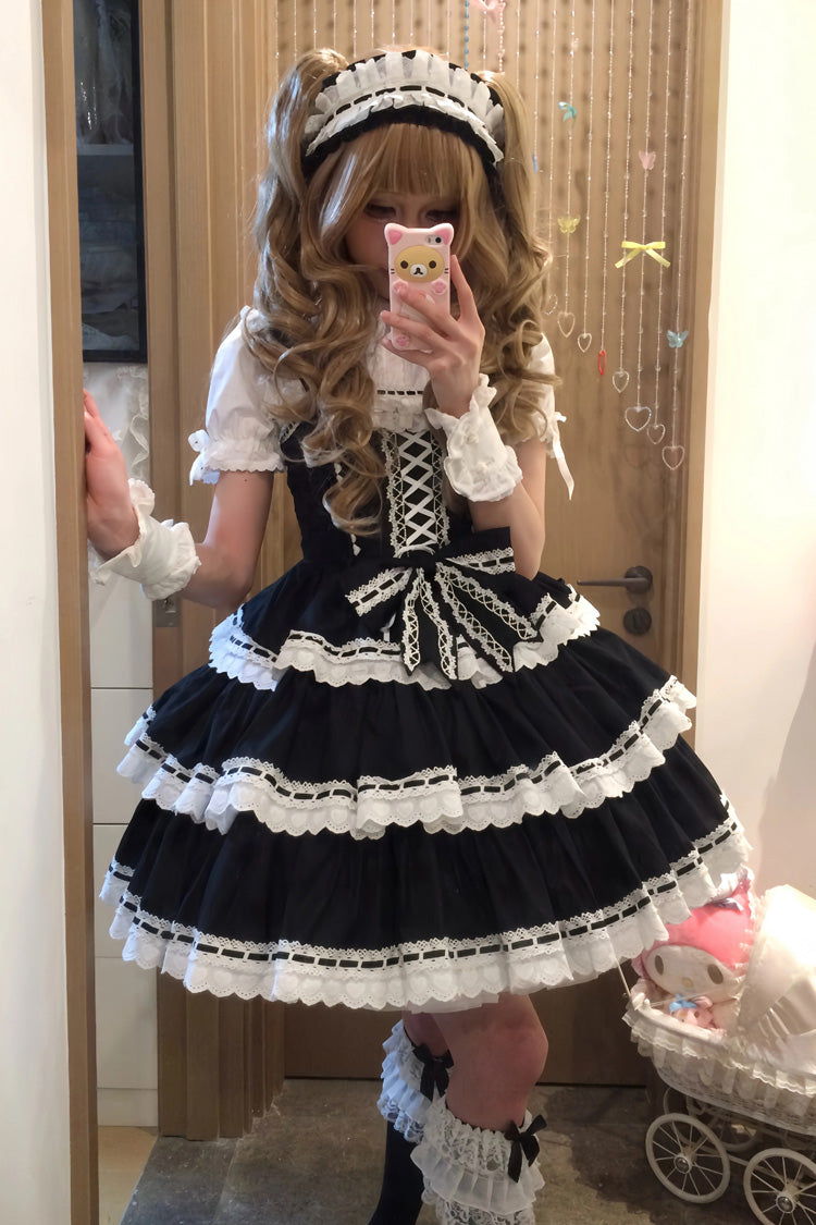 Black Maiden Heart Triple Layer Ruffle Bow Lace Sweet Jsk