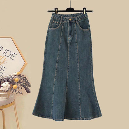 Bow Knot Butterfly Tulle Crop Top T-Shirt Fishtail Denim Skirt Set