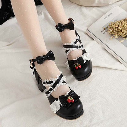 Kawaii Lace Bow Lolita Kitten Heel Mary Janes Shoes