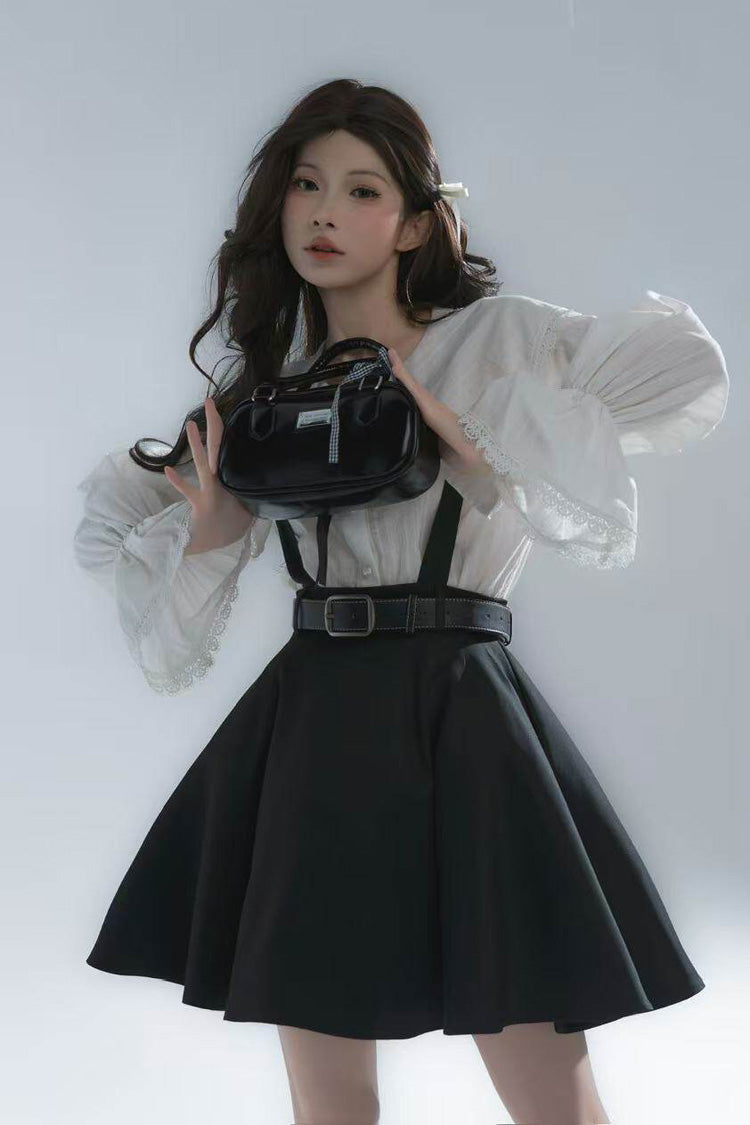 Monochrome Notch Collar Bow Detail Classic Lolita Strap Dress Set