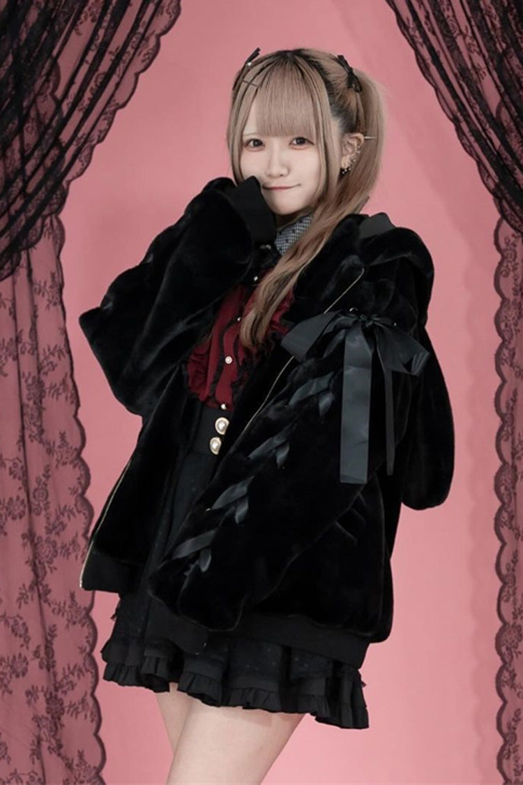Rabbit-Ear Hooded Bow Lace-Up Long-Sleeve Noir Coat