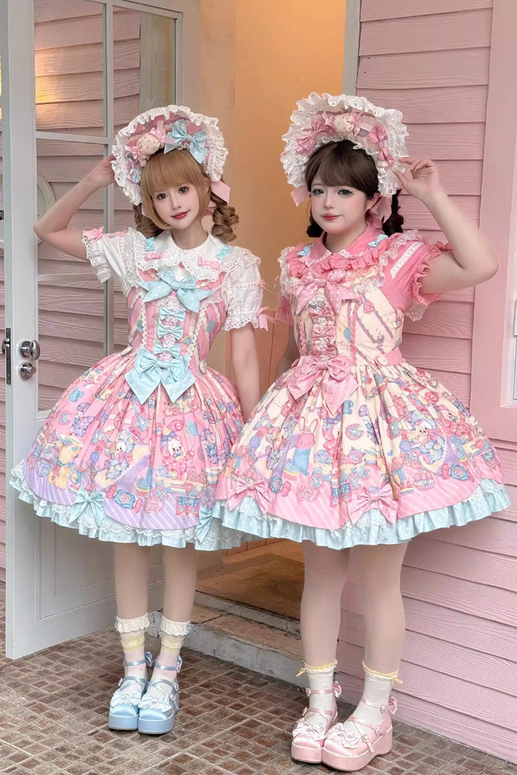 Rainbow Bunny Print Sleeveless Ribbon Doll JSK Dress Set - Ruffled Bow