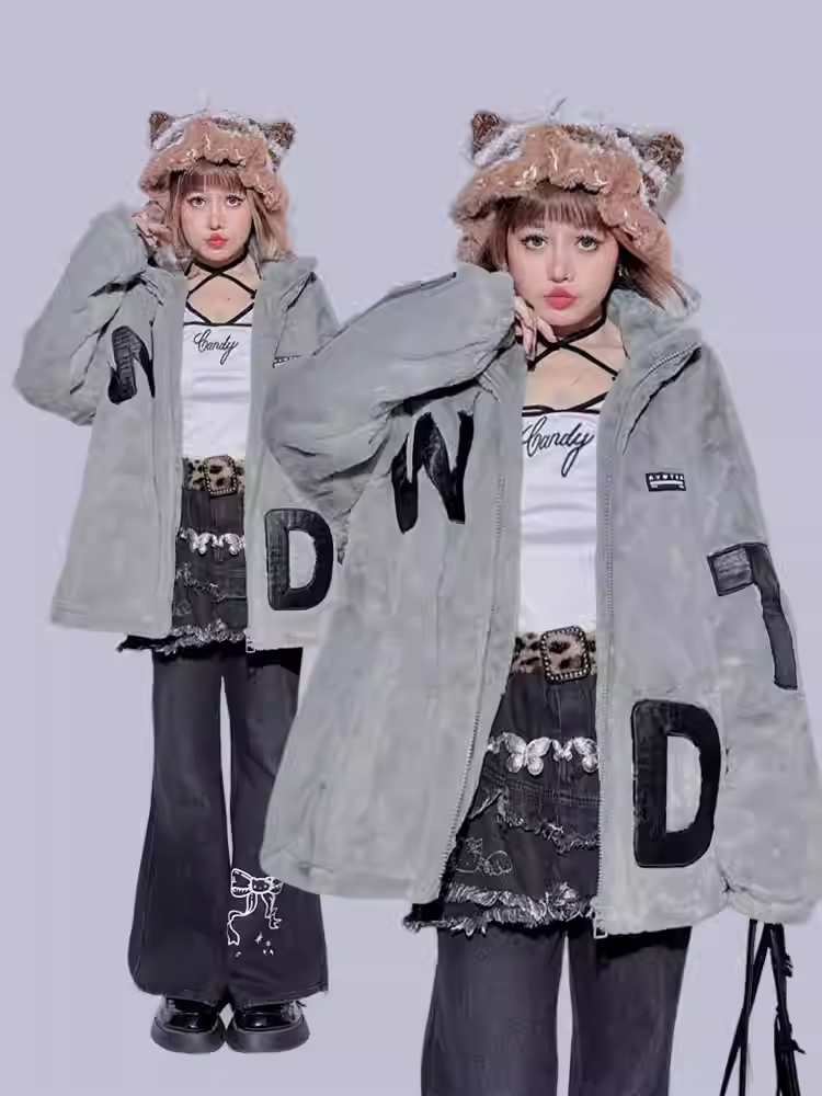 Gray Appliques Baggy Long Sleeves Plush Coat