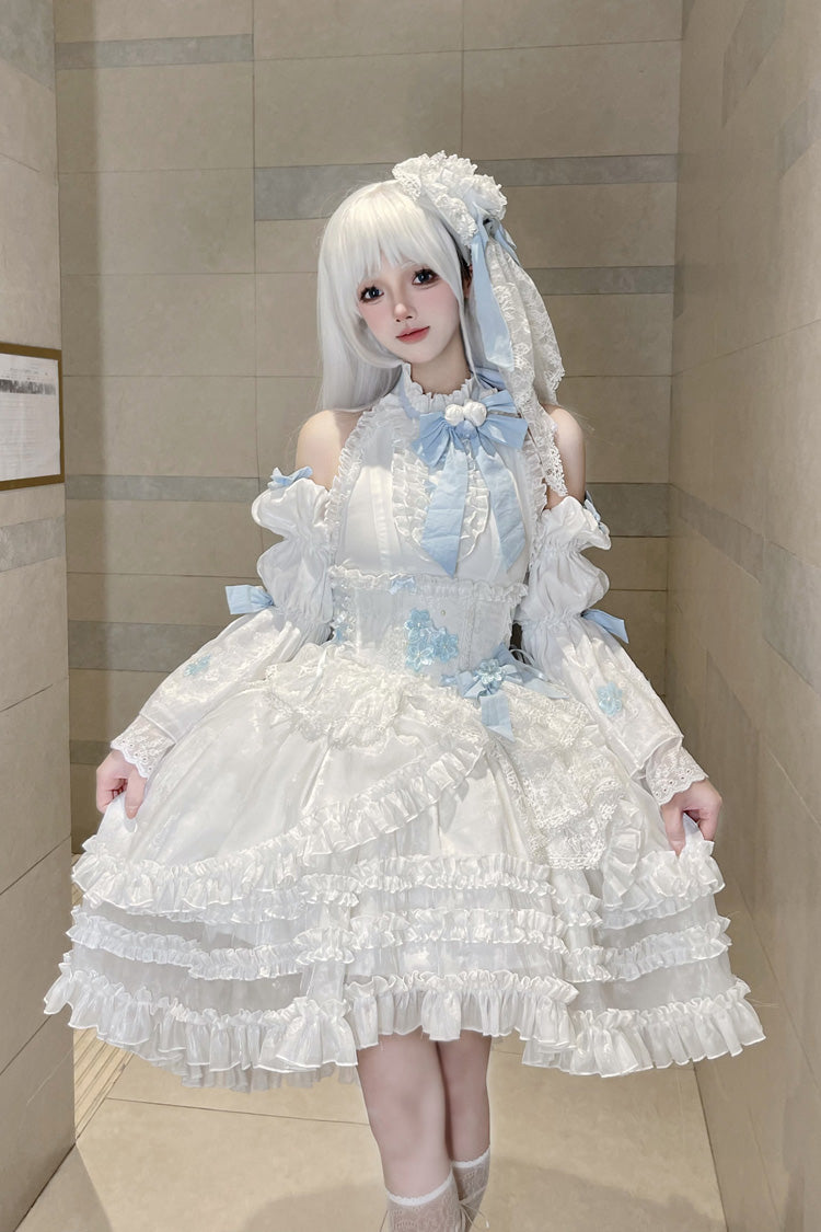 White Detachable Trumpet Sleeve Triple Ruffle Bow Lace Sweet Dress