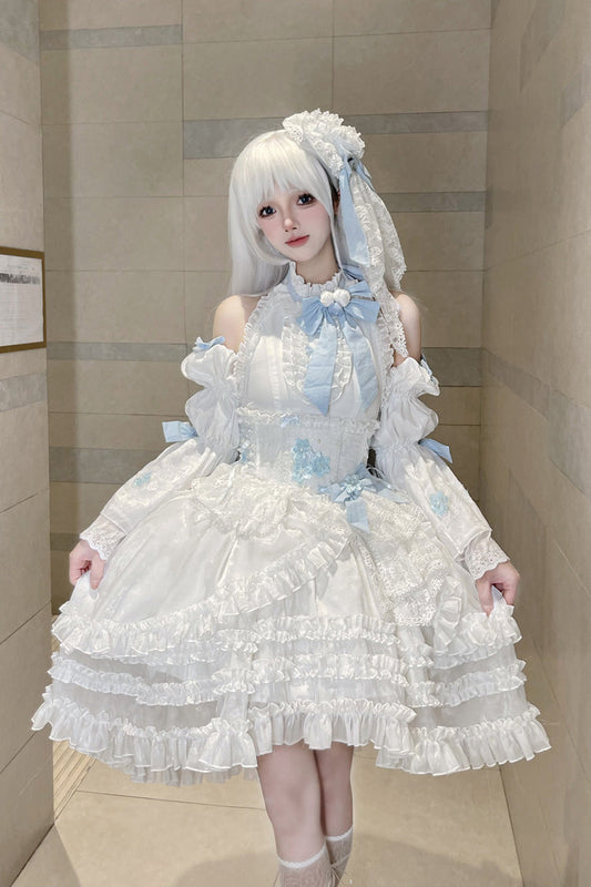 White Detachable Trumpet Sleeve Triple Ruffle Bow Lace Sweet Dress