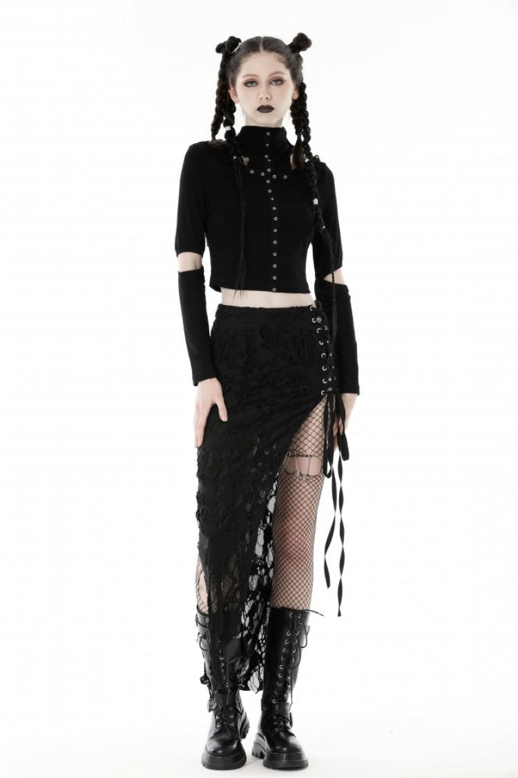 Raven Cross Eyelet Cut-Out Punk Crop Top with Ripped Hood for Women