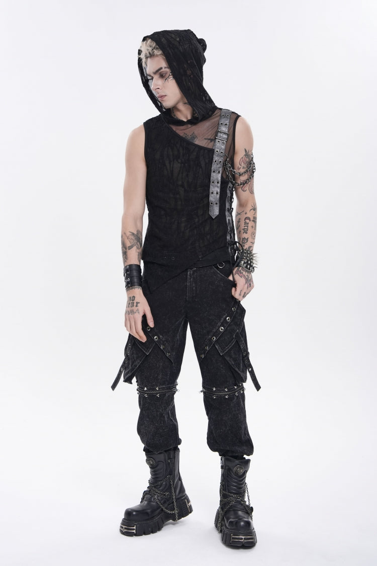 Men's Punk Hooded Vest with Sheer Asymmetric Chain-Decorated Design