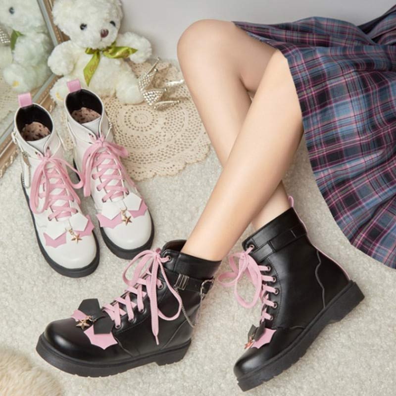 Pink Bow Knot Chain Lace-up Front Boots