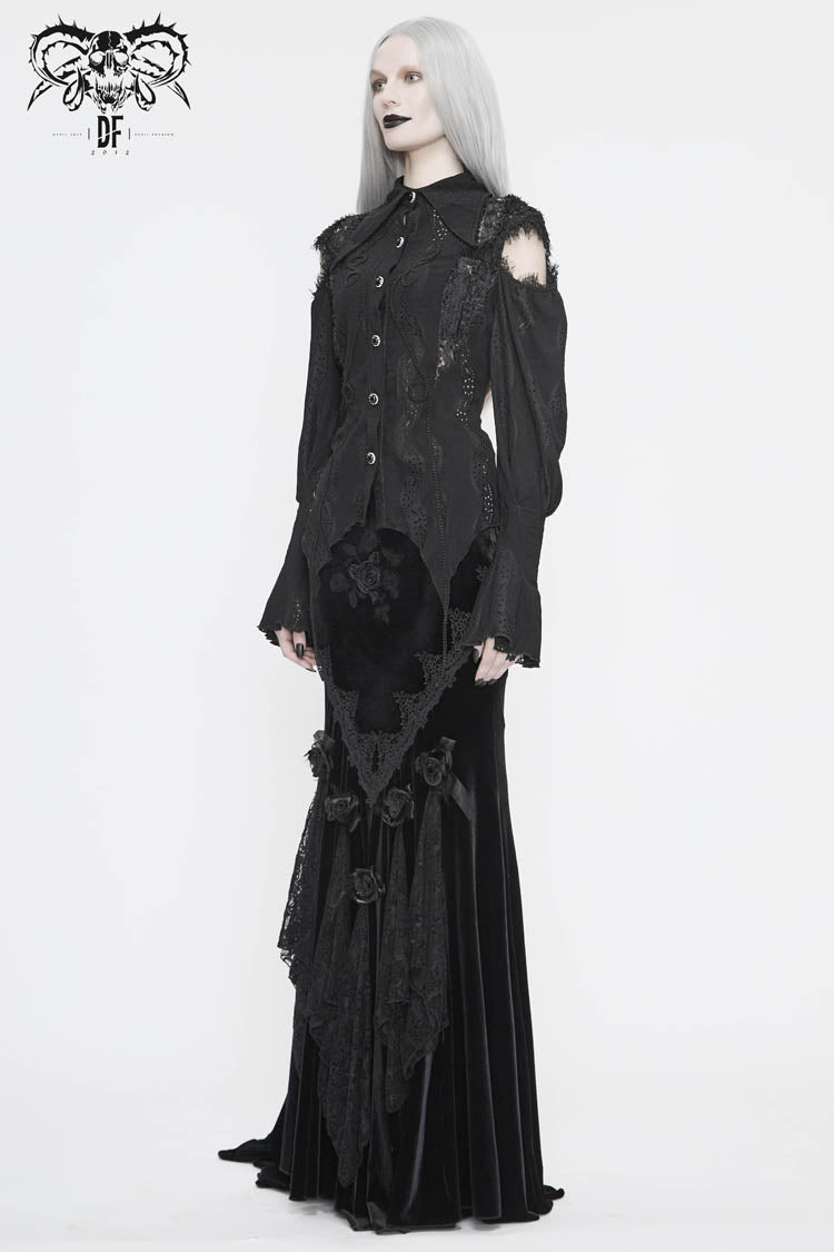 Women's Gothic Blouse in Black with Webbing Appliques, Lantern Sleeves & Back Lace-Up