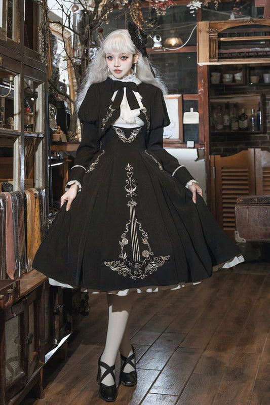 Black White Violin Variations Ruffled Embroidered Gothic Jumper Set