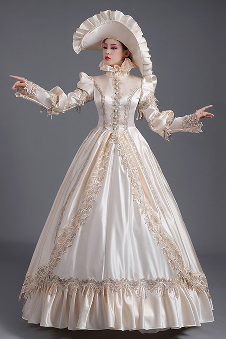 Champagne Victorian Gown with Ruffled Long Sleeves - Court Style