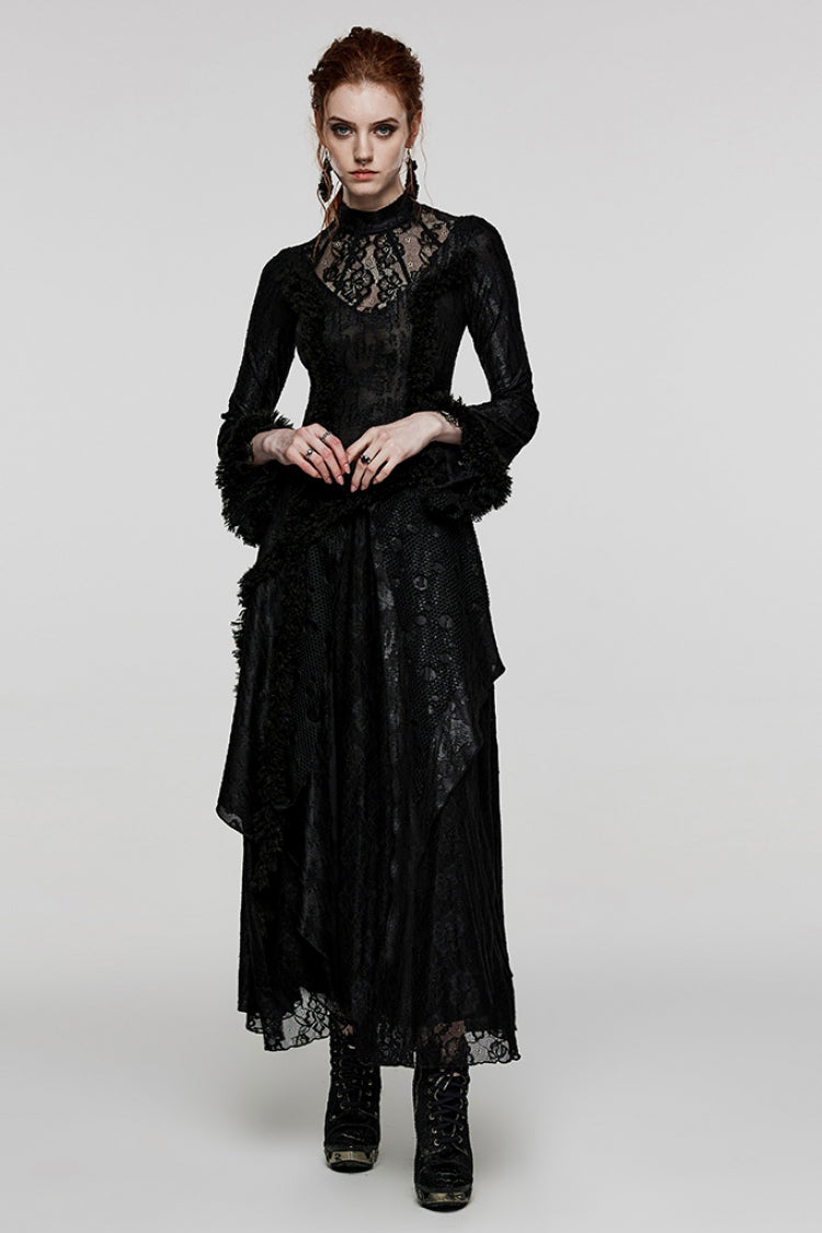 Ebony Long Bell Sleeves Cutout Stitching Lace Mesh Gothic Gown