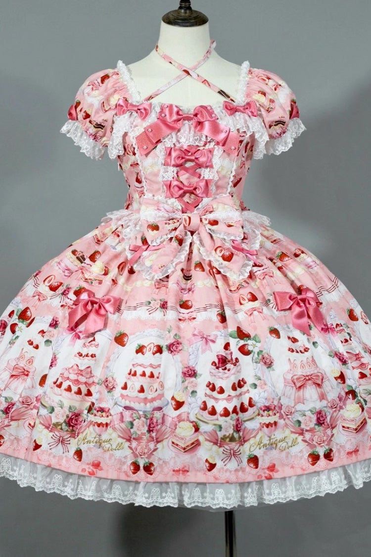Strawberry Cake Bouquet Print Square Collar Short Sleeve Bow Lace Sweet Lolita Dress - 3 Colors