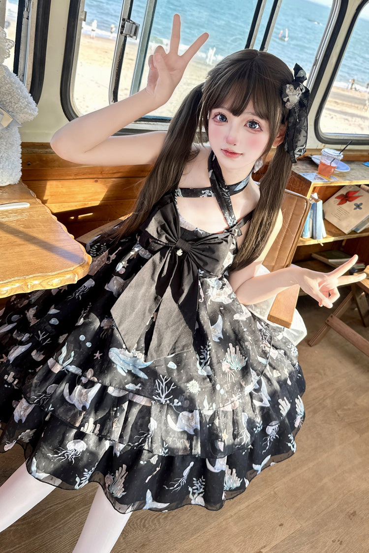 Ocean Sweetheart Halterneck Sleeveless Triple-Layered Printed Ruffled Bow Lace Sweet Strap Dress