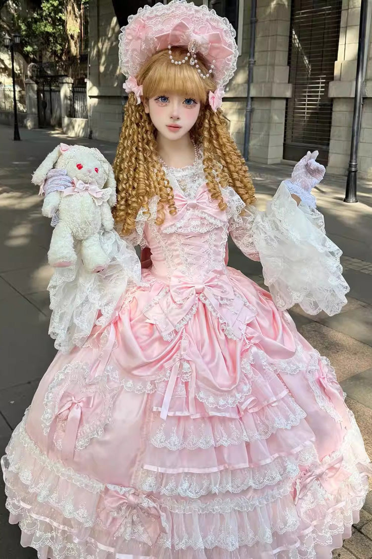 Pink Ode of the Curtain Multi-Layered Ruffled Hanayome Open-Front Bow Lace Lace-Up Sweet Long Jsk Dress