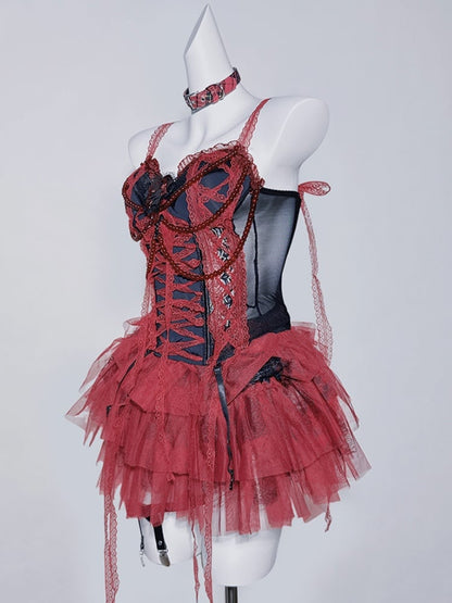 Gothic Black Red Tiered Skirt