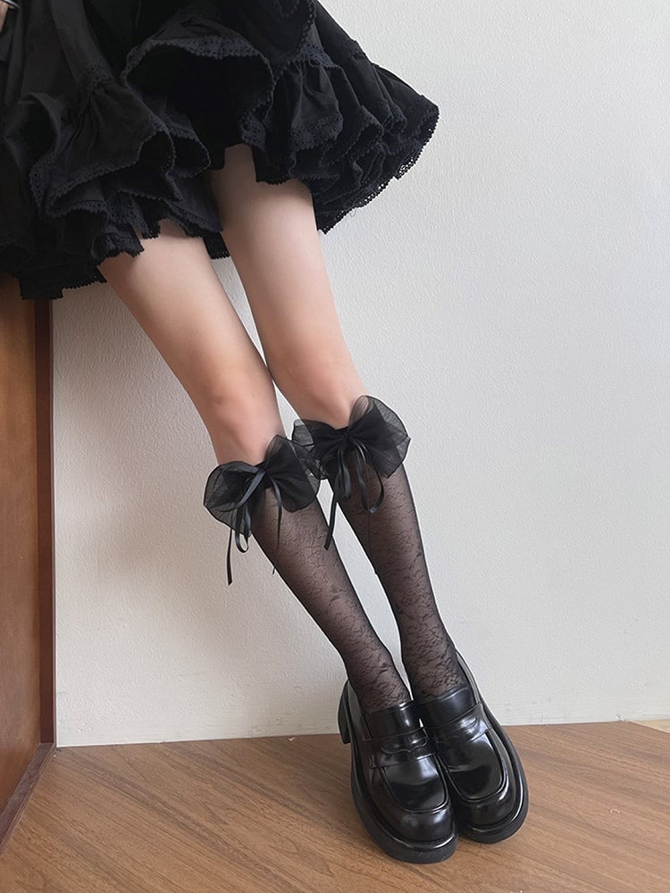 Stockings Black/White Underknee Bowknot Design