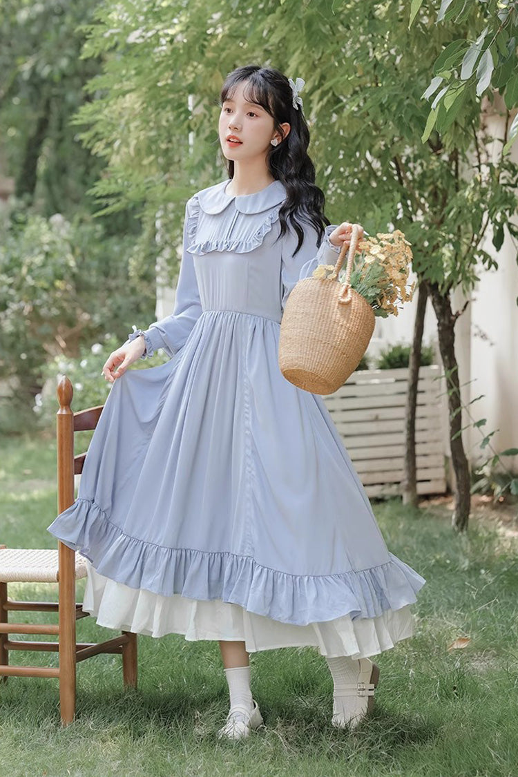 Blue Doll Collar Dress with Ruffled Sleeves - Sweet