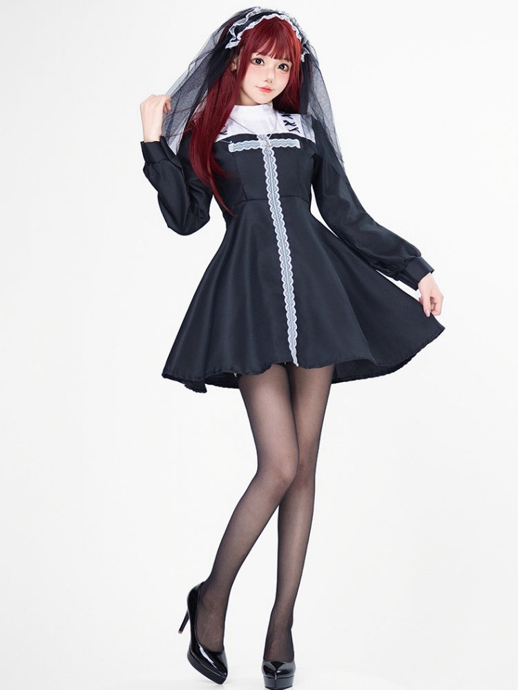 Halloween Gothic Nun Elegant Dress Costume