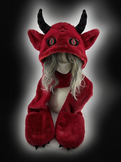 Red Devil Gothic Winter Scarf Gloves Plush Hat