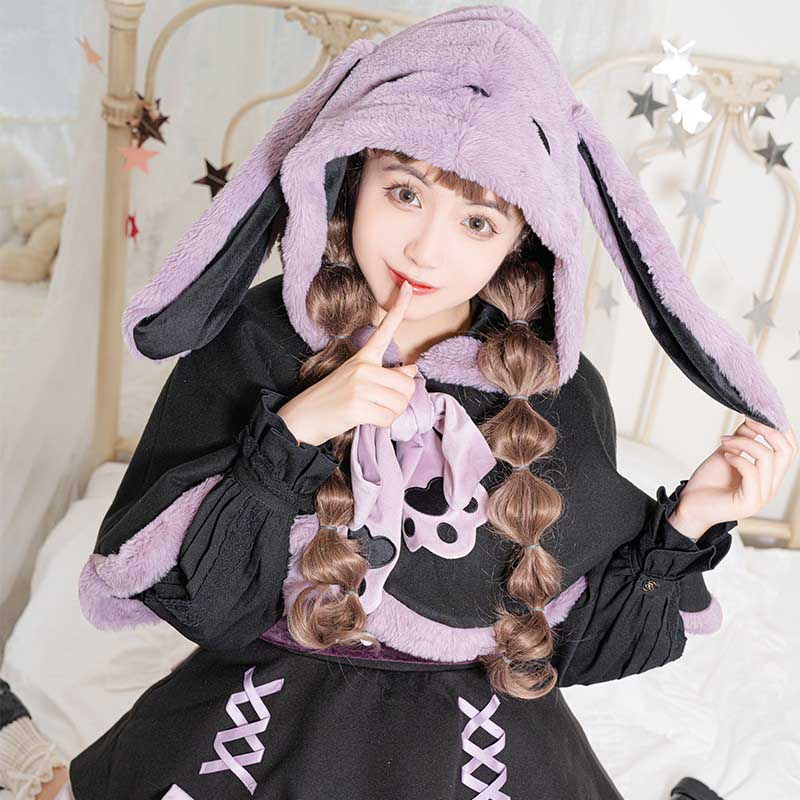 Purple Long Bunny Ears Hooded Bowknot Plush Short Cape