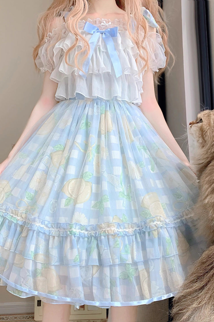 Blue Lemon Sweet Lolita Short Sleeve Print Ruffle Bowknot Jsk Dress