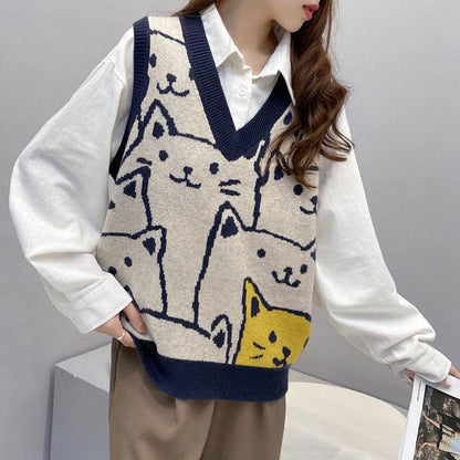 Cute Kitty Print Vest Lace Up Shirt Set