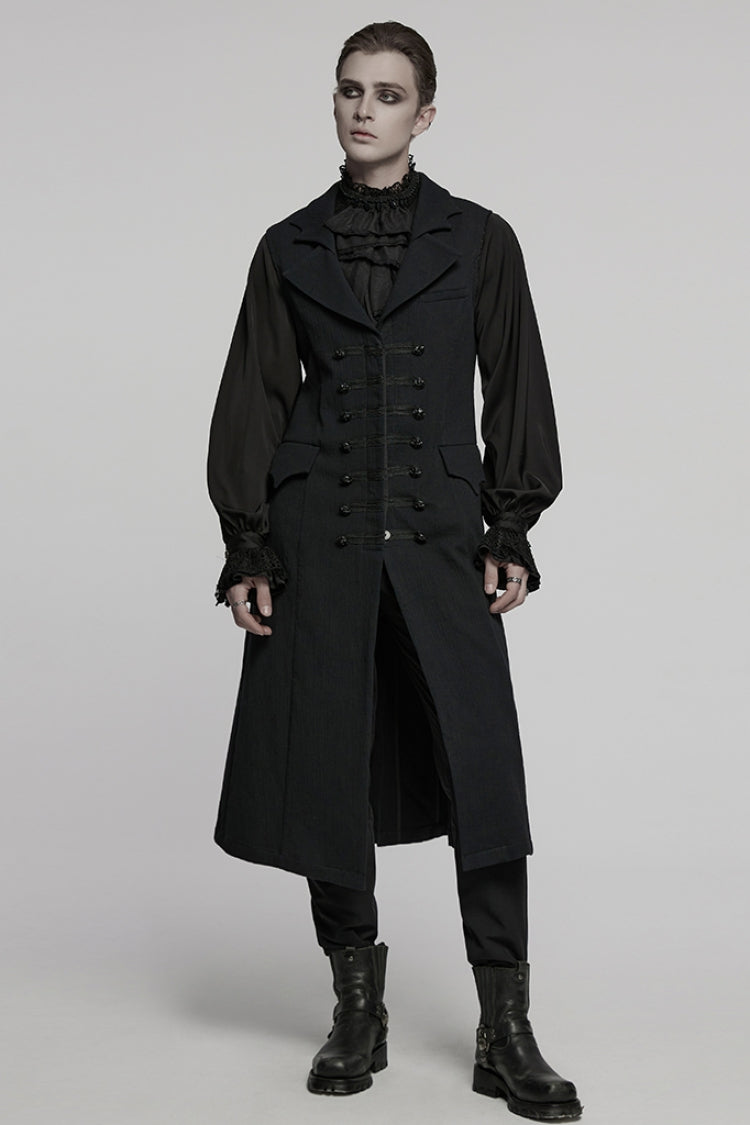 Men's Gothic Long Vest with Batlike Collar & Buckle Detail