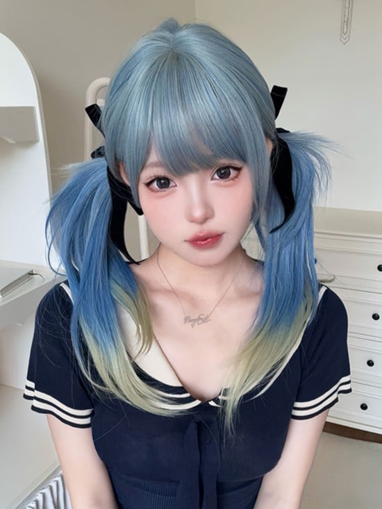 65CM Length Color Straight With Air Wig Hime Ombre Blue Cut Bangs Hair
