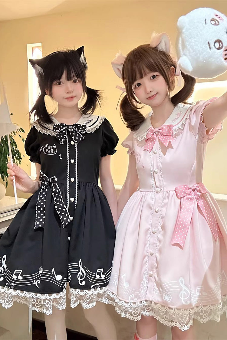 Black Melody Kitty Doll Collar Short Sleeves Ruffled Embroidered Bow Lace Sweet Dress