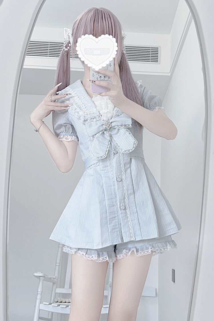 Aqua Short Sleeve Ruffled Bow Lace Sweet Jirai Kei Dress Set