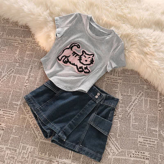 Pink Tiger Embroidery Crop Top T-Shirt Denim Shorts