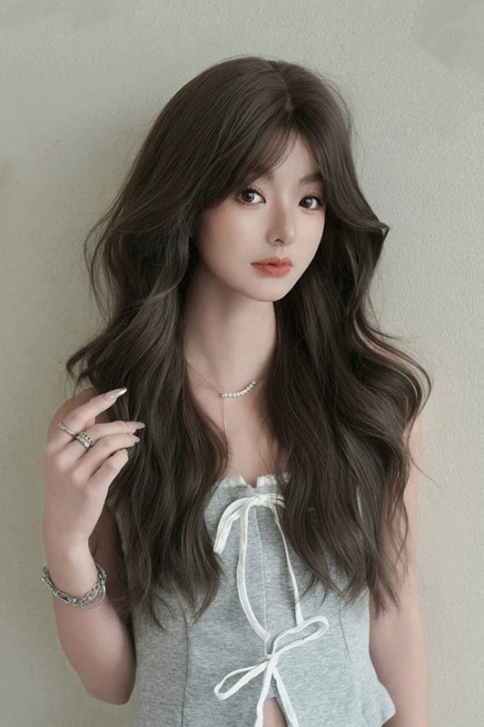 Fluffy Chestnut Brown Wavy Wig with Face-Framing Curtain Bangs
