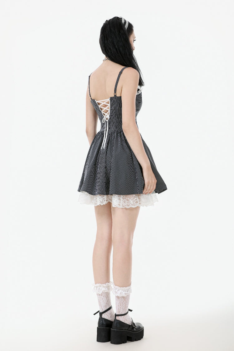 Black/White Pinstriped Sleeveless Lace Lace-Up Women's Gothic Lolita Slip Dress Graduation Dress