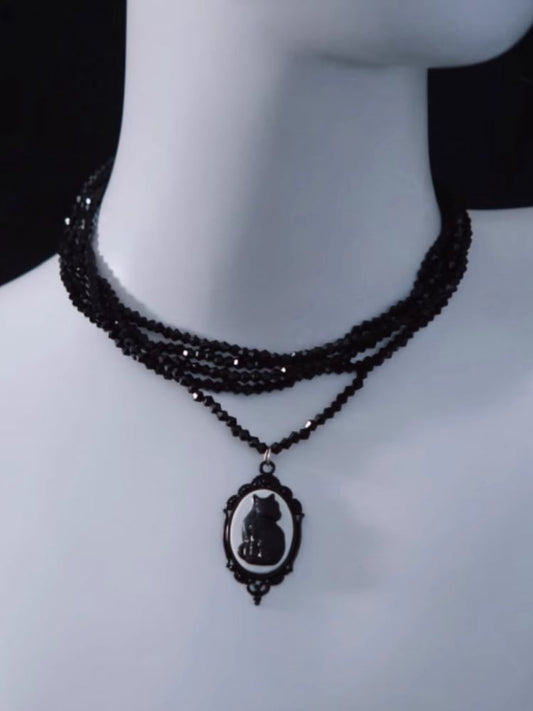 Vintage Black Cat Pendant Multi Layers Necklace