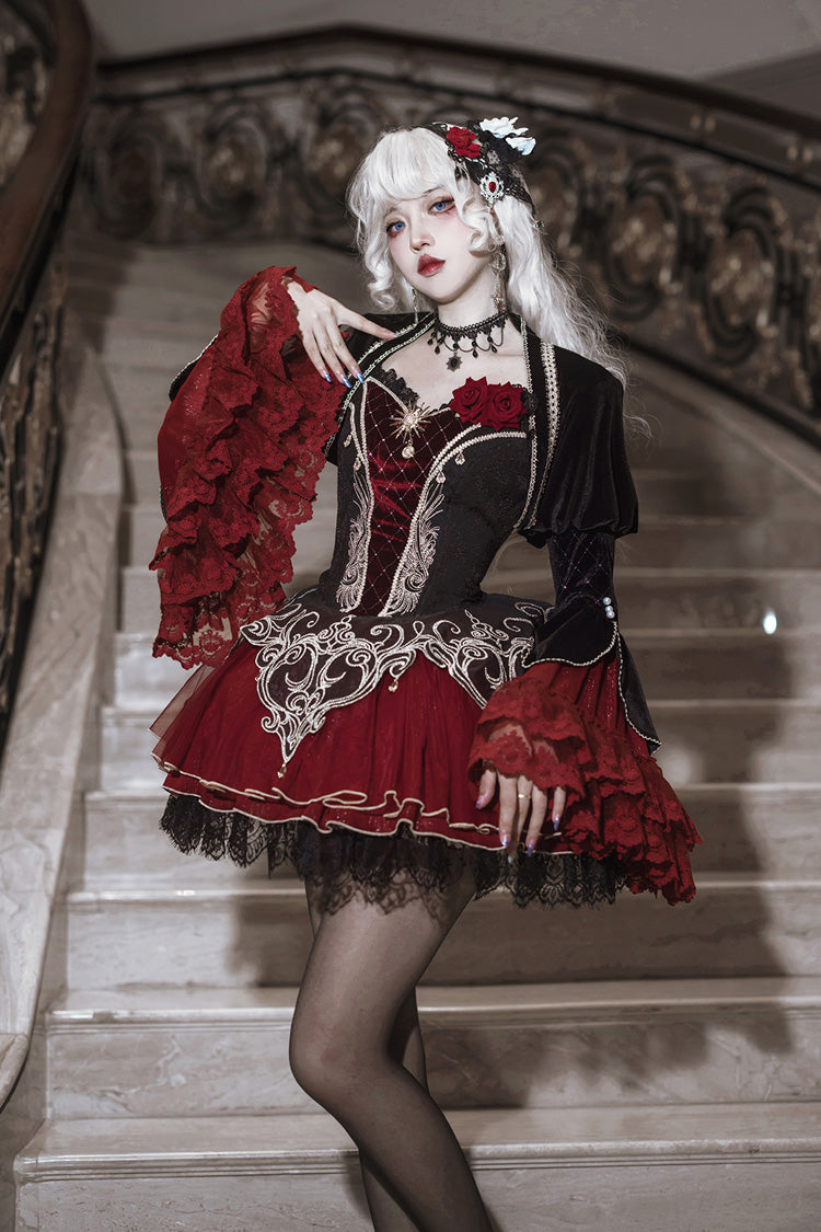 Black Red Blood Clan Feast Ruffle Embroidery Lace Gothic JSK Set