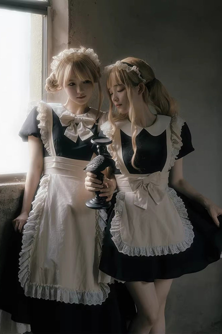 Monochrome Sweet Maid Dress with Ruffled Bow and Round Collar - Two Lengths