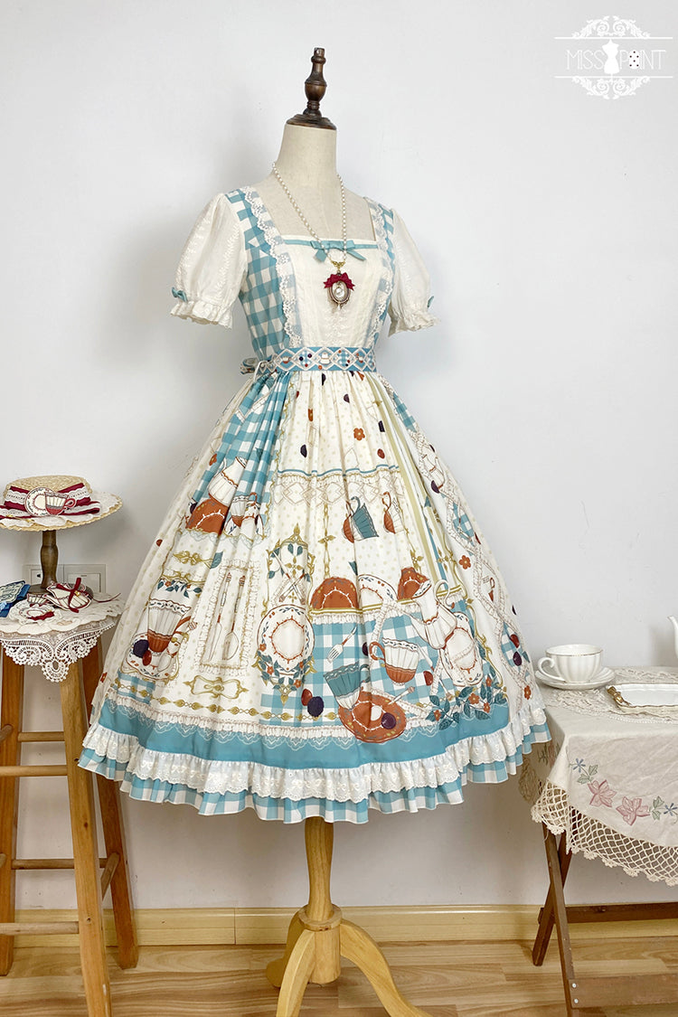 Tea Party Print Short-Sleeve Ruffle Bowknot Elegant Lolita Dress