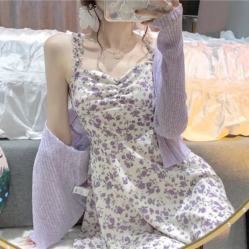 Sweet Cardigan Floral Print Slip Dress Set