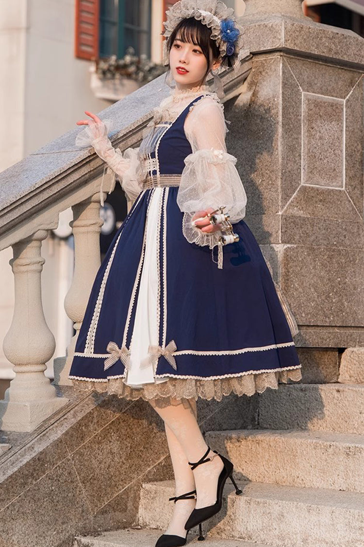 Blue White Color Contrast Sleeveless Classic Dress