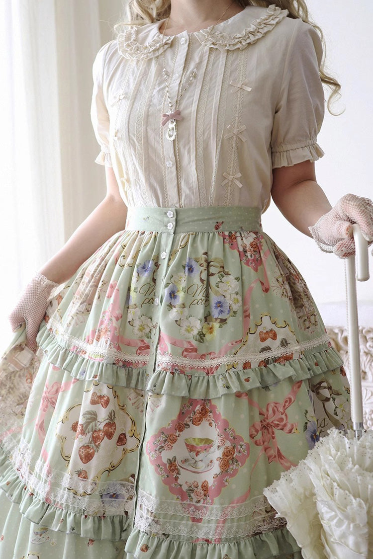 Green Cat Rose Tea Print Daily Sweet Lolita Skirt