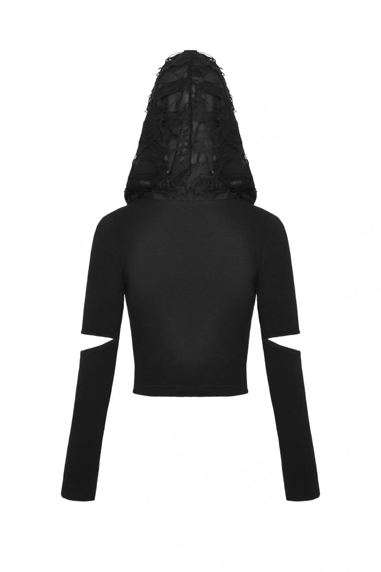 Raven Cross Eyelet Cut-Out Punk Crop Top with Ripped Hood for Women
