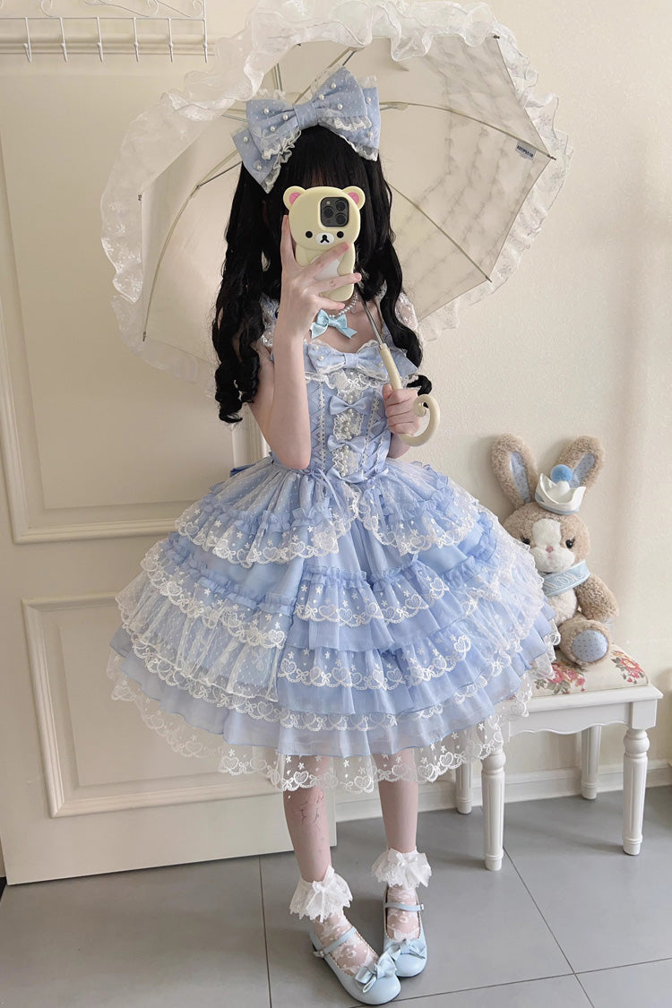 Blue Love Overture Multilayer Ruffled Bowknot Lace Sweet Lolita JSK