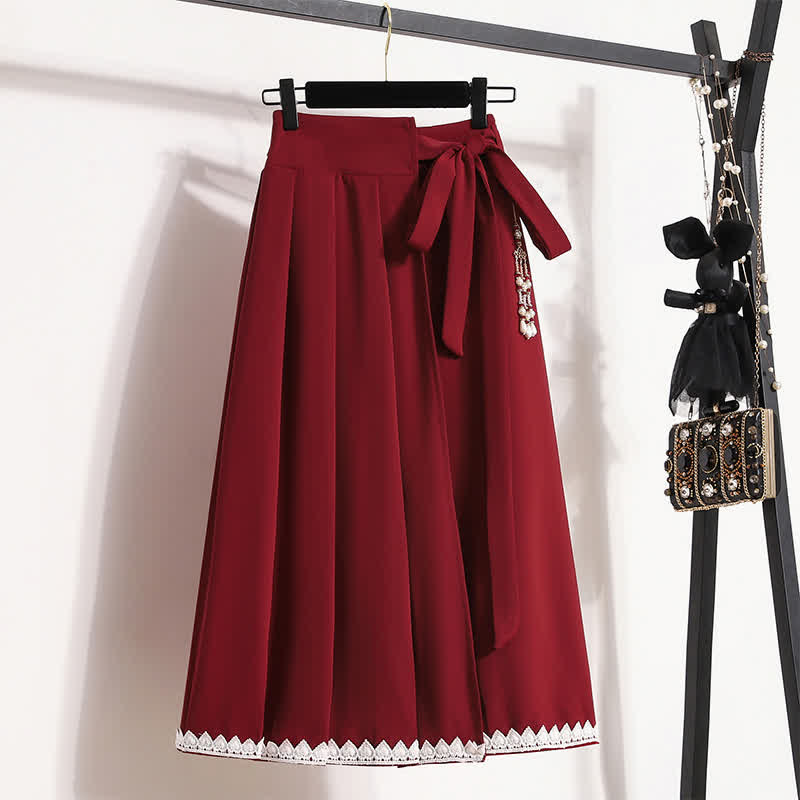 Elegant Pure Color Puff Sleeve T-Shirt Lace Up Pleated Skirt